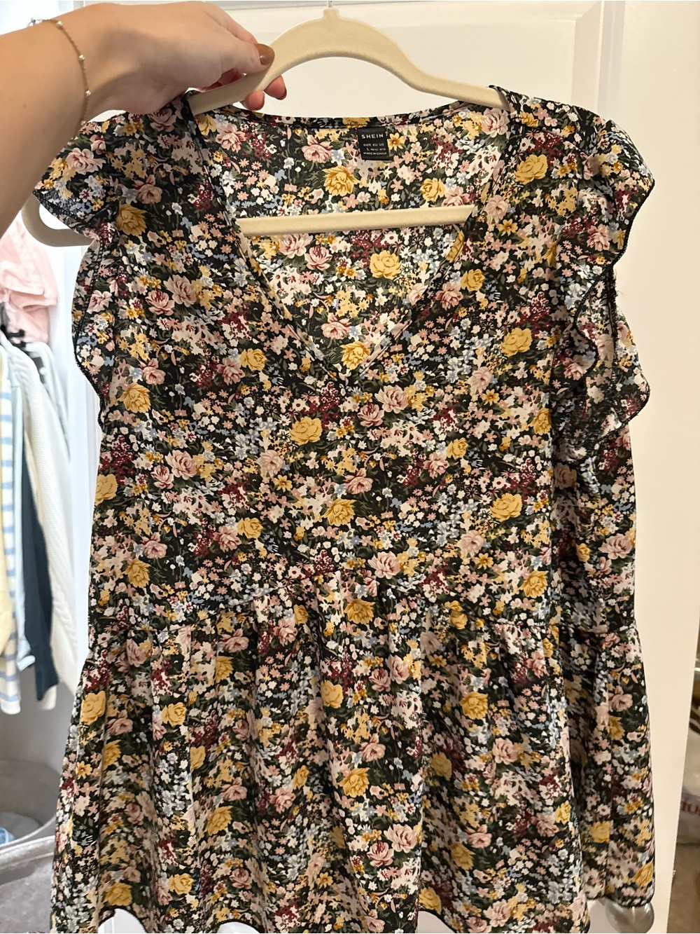 SHEIN Olive Floral V-Neck Ruffle Sleeve Blouse with Yellow Roses